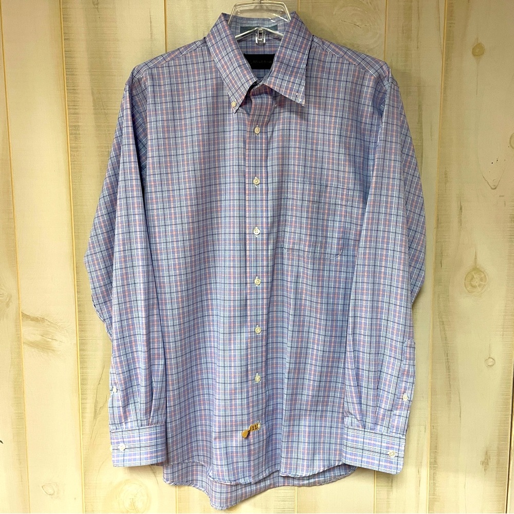 Allen Edmonds Blue White Red Plaid 100% Cotton Button Down Shirt Sz L